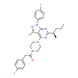 ChemSpider 2D Image | 2-(4-Fluorophenyl)-1-(4-{1-(4-fluorophenyl)-3-methyl-6-[(2R)-2-pentanyl]-1H-pyrazolo[3,4-d]pyrimidin-4-yl}-1-piperazinyl)ethanone | C29H32F2N6O