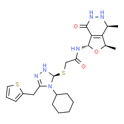 ChemSpider 2D Image | 2-{[(5S)-4-Cyclohexyl-3-(2-thienylmethyl)-4,5-dihydro-1H-1,2,4-triazol-5-yl]sulfanyl}-N-[(1S,5S,7R)-1,7-dimethyl-4-oxo-1,2,3,4,5,7-hexahydrofuro[3,4-d]pyridazin-5-yl]acetamide | C23H32N6O3S2