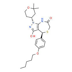 ChemSpider 2D Image | (4S)-1-[(4R)-2,2-Dimethyltetrahydro-2H-pyran-4-yl]-3-hydroxy-4-[4-(pentyloxy)phenyl]-4,8-dihydro-1H-pyrazolo[3,4-e][1,4]thiazepin-7(6H)-one | C24H33N3O4S