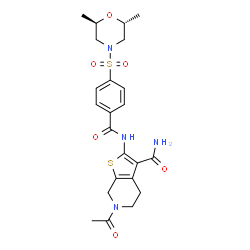 ChemSpider 2D Image | 6-Acetyl-2-[(4-{[(2R,6R)-2,6-dimethyl-4-morpholinyl]sulfonyl}benzoyl)amino]-4,5,6,7-tetrahydrothieno[2,3-c]pyridine-3-carboxamide | C23H28N4O6S2