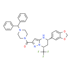 ChemSpider 2D Image | [(5S,7R)-5-(1,3-Benzodioxol-5-yl)-7-(trifluoromethyl)-4,5,6,7-tetrahydropyrazolo[1,5-a]pyrimidin-2-yl][4-(diphenylmethyl)-1-piperazinyl]methanone | C32H30F3N5O3