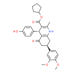 ChemSpider 2D Image | Cyclopentyl (4S,7R)-7-(3,4-dimethoxyphenyl)-4-(4-hydroxyphenyl)-2-methyl-5-oxo-1,4,5,6,7,8-hexahydro-3-quinolinecarboxylate | C30H33NO6