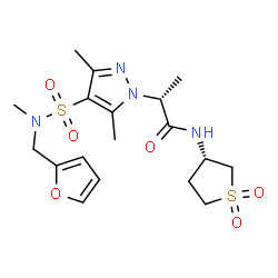 ChemSpider 2D Image | (2R)-N-[(3S)-1,1-Dioxidotetrahydro-3-thiophenyl]-2-{4-[(2-furylmethyl)(methyl)sulfamoyl]-3,5-dimethyl-1H-pyrazol-1-yl}propanamide | C18H26N4O6S2