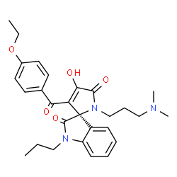 ChemSpider 2D Image | (3R)-1'-[3-(Dimethylamino)propyl]-3'-(4-ethoxybenzoyl)-4'-hydroxy-1-propylspiro[indole-3,2'-pyrrole]-2,5'(1H,1'H)-dione | C28H33N3O5