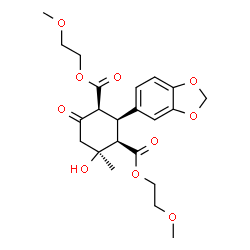 ChemSpider 2D Image | Bis(2-methoxyethyl) (1S,2S,3R,4S)-2-(1,3-benzodioxol-5-yl)-4-hydroxy-4-methyl-6-oxo-1,3-cyclohexanedicarboxylate | C22H28O10