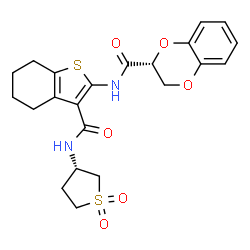 ChemSpider 2D Image | (2R)-N-(3-{[(3S)-1,1-Dioxidotetrahydro-3-thiophenyl]carbamoyl}-4,5,6,7-tetrahydro-1-benzothiophen-2-yl)-2,3-dihydro-1,4-benzodioxine-2-carboxamide | C22H24N2O6S2