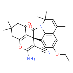 ChemSpider 2D Image | (4R)-2-Amino-8'-ethoxy-4',4',6',7,7-pentamethyl-2',5-dioxo-5,6,7,8-tetrahydro-4'H-spiro[chromene-4,1'-pyrrolo[3,2,1-ij]quinoline]-3-carbonitrile | C27H29N3O4
