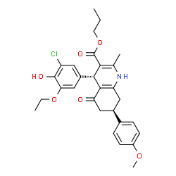 ChemSpider 2D Image | Propyl (4S,7R)-4-(3-chloro-5-ethoxy-4-hydroxyphenyl)-7-(4-methoxyphenyl)-2-methyl-5-oxo-1,4,5,6,7,8-hexahydro-3-quinolinecarboxylate | C29H32ClNO6