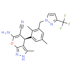 ChemSpider 2D Image | (4R)-6-Amino-4-(2,5-dimethyl-3-{[3-(trifluoromethyl)-1H-pyrazol-1-yl]methyl}phenyl)-3-methyl-2,4-dihydropyrano[2,3-c]pyrazole-5-carbonitrile | C21H19F3N6O