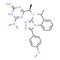 ChemSpider 2D Image | 6-[(1R)-1-{[4-(2-Isopropylphenyl)-5-(4-methoxyphenyl)-4H-1,2,4-triazol-3-yl]sulfanyl}ethyl]-N,N-dimethyl-1,3,5-triazine-2,4-diamine | C25H30N8OS