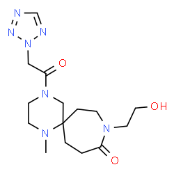 ChemSpider 2D Image | 9-(2-Hydroxyethyl)-1-methyl-4-(2H-tetrazol-2-ylacetyl)-1,4,9-triazaspiro[5.6]dodecan-10-one | C15H25N7O3