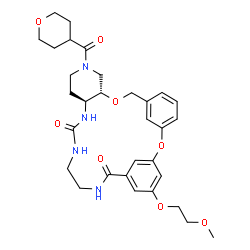 ChemSpider 2D Image | (10S,15S)-25-(2-Methoxyethoxy)-12-(tetrahydro-2H-pyran-4-ylcarbonyl)-2,9-dioxa-12,16,18,21-tetraazatetracyclo[21.3.1.1~3,7~.0~10,15~]octacosa-1(27),3(28),4,6,23,25-hexaene-17,22-dione | C31H40N4O8