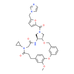 ChemSpider 2D Image | (10S,14S)-18-Cyclopropyl-12-[5-(1H-imidazol-1-ylmethyl)-2-furoyl]-24-methoxy-2,9-dioxa-12,15,18-triazatetracyclo[20.2.2.1~3,7~.0~10,14~]heptacosa-1(24),3(27),4,6,22,25-hexaene-16,19-dione | C35H37N5O7