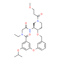 ChemSpider 2D Image | (10S,15S)-19-Ethyl-23-isopropoxy-13-(3-methoxypropanoyl)-2,9-dioxa-13,16,19-triazatetracyclo[19.3.1.1~3,7~.0~10,15~]hexacosa-1(25),3(26),4,6,21,23-hexaene-17,20-dione | C30H39N3O7