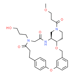 ChemSpider 2D Image | (10S,15S)-19-(3-Hydroxypropyl)-13-(3-methoxypropanoyl)-2,9-dioxa-13,16,19-triazatetracyclo[21.2.2.1~3,7~.0~10,15~]octacosa-1(25),3(28),4,6,23,26-hexaene-17,20-dione | C30H39N3O7