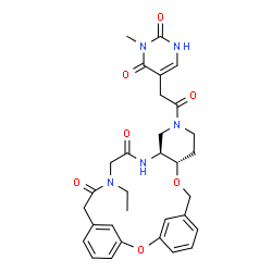 ChemSpider 2D Image | (10S,15S)-19-Ethyl-13-[(3-methyl-2,4-dioxo-1,2,3,4-tetrahydro-5-pyrimidinyl)acetyl]-2,9-dioxa-13,16,19-triazatetracyclo[20.3.1.1~3,7~.0~10,15~]heptacosa-1(26),3(27),4,6,22,24-hexaene-17,20-dione | C31H35N5O7