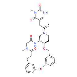 ChemSpider 2D Image | (10R,15S)-19-Methyl-13-[(3-methyl-2,4-dioxo-1,2,3,4-tetrahydro-5-pyrimidinyl)acetyl]-2,9-dioxa-13,16,19-triazatetracyclo[21.3.1.1~3,7~.0~10,15~]octacosa-1(27),3(28),4,6,23,25-hexaene-17,20-dione | C31H35N5O7