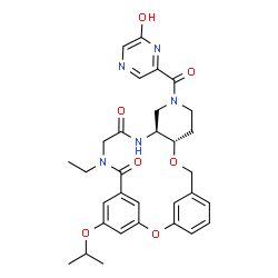 ChemSpider 2D Image | (10S,15S)-19-Ethyl-13-[(6-hydroxy-2-pyrazinyl)carbonyl]-23-isopropoxy-2,9-dioxa-13,16,19-triazatetracyclo[19.3.1.1~3,7~.0~10,15~]hexacosa-1(25),3(26),4,6,21,23-hexaene-17,20-dione | C31H35N5O7