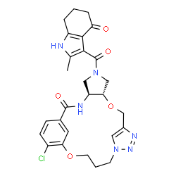 ChemSpider 2D Image | (4S,8S)-20-Chloro-6-[(2-methyl-4-oxo-4,5,6,7-tetrahydro-1H-indol-3-yl)carbonyl]-9,18-dioxa-3,6,12,13,14-pentaazatetracyclo[17.3.1.1~11,14~.0~4,8~]tetracosa-1(23),11(24),12,19,21-pentaen-2-one | C27H29ClN6O5