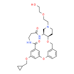ChemSpider 2D Image | (10R,15S)-24-(Cyclopropylmethoxy)-13-[2-(2-hydroxyethoxy)ethyl]-2,9-dioxa-13,16,20-triazatetracyclo[20.3.1.1~3,7~.0~10,15~]heptacosa-1(26),3(27),4,6,22,24-hexaene-17,21-dione | C30H39N3O7