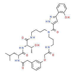 ChemSpider 2D Image | (16S,19R)-16-[(1R)-1-Hydroxyethyl]-9-{[3-(2-hydroxyphenyl)-1H-pyrazol-5-yl]carbonyl}-19-isobutyl-2-oxa-5,9,14,17,20-pentaazabicyclo[21.3.1]heptacosa-1(27),23,25-triene-4,15,18,21-tetrone | C37H49N7O8