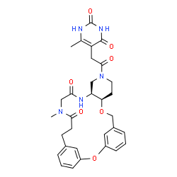 ChemSpider 2D Image | (10R,15S)-19-Methyl-13-[(6-methyl-2,4-dioxo-1,2,3,4-tetrahydro-5-pyrimidinyl)acetyl]-2,9-dioxa-13,16,19-triazatetracyclo[21.3.1.1~3,7~.0~10,15~]octacosa-1(27),3(28),4,6,23,25-hexaene-17,20-dione | C31H35N5O7