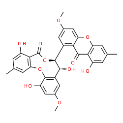 ChemSpider 2D Image | (7S,8R)-4,8,12-Trihydroxy-7-(8-hydroxy-3-methoxy-6-methyl-9-oxo-9H-xanthen-1-yl)-10-methoxy-2-methyl-7,8-dihydro-5H-dibenzo[b,h][1,5]dioxonin-5-one | C32H26O11