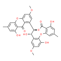 ChemSpider 2D Image | (7R,8S)-4,8,12-Trihydroxy-7-(8-hydroxy-3-methoxy-6-methyl-9-oxo-9H-xanthen-1-yl)-10-methoxy-2-methyl-7,8-dihydro-5H-dibenzo[b,h][1,5]dioxonin-5-one | C32H26O11