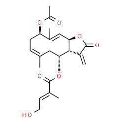 ChemSpider 2D Image | (3aR,4R,6Z,9R,11aR)-9-Acetoxy-6,10-dimethyl-3-methylene-2-oxo-2,3,3a,4,5,8,9,11a-octahydrocyclodeca[b]furan-4-yl (2E)-4-hydroxy-2-methyl-2-butenoate | C22H28O7
