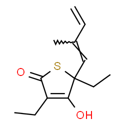 ChemSpider 2D Image | 3,5-Diethyl-4-hydroxy-5-[(1E)-2-methyl-1,3-butadien-1-yl]-2(5H)-thiophenone | C13H18O2S