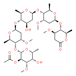 ChemSpider 2D Image | (2S,3R,4S,5S,6R)-5-Hydroxy-2-{[(2R,3R,4S,6S)-6-{[(2R,3S,4R,6S)-4-hydroxy-6-{[(2R,3R,4S,6S)-4-methoxy-6-{[(2R,3R,4R)-4-methoxy-2-methyl-6-oxotetrahydro-2H-pyran-3-yl]oxy}-2-methyltetrahydro-2H-pyran-3-
yl]oxy}-2-methyltetrahydro-2H-pyran-3-yl]oxy}-4-methoxy-2-methyltetrahydro-2H-pyran-3-yl]oxy}-4-methoxy-6-methyltetrahydro-2H-pyran-3-yl acetate (non-preferred name) | C36H60O18