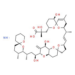 ChemSpider 2D Image | (2R)-2-Hydroxy-3-[(2S,5R,6R,8S)-5-hydroxy-8-{(2R,3E)-4-[(2R,4a'R,5R,6'S,8'R,8a'S)-8'-hydroxy-6'-{(1S,3S)-1-hydroxy-3-[(2S,3R,6S)-3-methyl-1,7-dioxaspiro[5.5]undec-2-yl]butyl}-7'-methyleneoctahydro-3H,
3'H-spiro[furan-2,2'-pyrano[3,2-b]pyran]-5-yl]-3-buten-2-yl}-10-methyl-1,7-dioxaspiro[5.5]undec-10-en-2-yl]-2-methylpropanoic acid ammoniate (1:1) | C44H71NO13