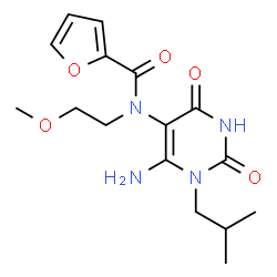 ChemSpider 2D Image | N-(6-Amino-1-isobutyl-2,4-dioxo-1,2,3,4-tetrahydro-5-pyrimidinyl)-N-(2-methoxyethyl)-2-furamide | C16H22N4O5