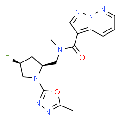 ChemSpider 2D Image | N-{[(2S,4S)-4-Fluoro-1-(5-methyl-1,3,4-oxadiazol-2-yl)-2-pyrrolidinyl]methyl}-N-methylpyrazolo[1,5-b]pyridazine-3-carboxamide | C16H18FN7O2
