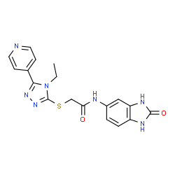 ChemSpider 2D Image | 2-{[4-Ethyl-5-(4-pyridinyl)-4H-1,2,4-triazol-3-yl]sulfanyl}-N-(2-oxo-2,3-dihydro-1H-benzimidazol-5-yl)acetamide | C18H17N7O2S