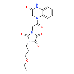 ChemSpider 2D Image | 1-(3-Ethoxypropyl)-3-[2-oxo-2-(3-oxo-3,4-dihydro-1(2H)-quinoxalinyl)ethyl]-2,4,5-imidazolidinetrione | C18H20N4O6