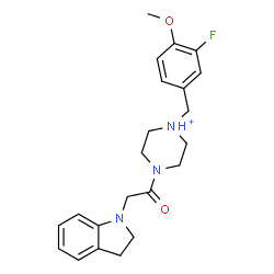 ChemSpider 2D Image | 4-(2,3-Dihydro-1H-indol-1-ylacetyl)-1-(3-fluoro-4-methoxybenzyl)piperazin-1-ium | C22H27FN3O2