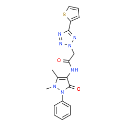ChemSpider 2D Image | N-(1,5-Dimethyl-3-oxo-2-phenyl-2,3-dihydro-1H-pyrazol-4-yl)-2-[5-(2-thienyl)-2H-tetrazol-2-yl]acetamide | C18H17N7O2S