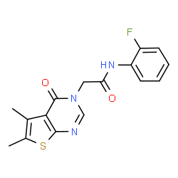 ChemSpider 2D Image | 2-(5,6-Dimethyl-4-oxothieno[2,3-d]pyrimidin-3(4H)-yl)-N-(2-fluorophenyl)acetamide | C16H14FN3O2S