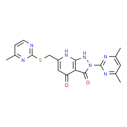 ChemSpider 2D Image | 2-(4,6-Dimethyl-2-pyrimidinyl)-6-{[(4-methyl-2-pyrimidinyl)sulfanyl]methyl}-1H-pyrazolo[3,4-b]pyridine-3,4(2H,7H)-dione | C18H17N7O2S