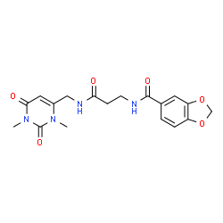 ChemSpider 2D Image | N-(3-{[(1,3-Dimethyl-2,6-dioxo-1,2,3,6-tetrahydro-4-pyrimidinyl)methyl]amino}-3-oxopropyl)-1,3-benzodioxole-5-carboxamide | C18H20N4O6