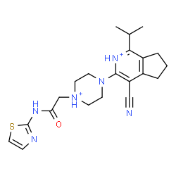 ChemSpider 2D Image | 4-Cyano-1-isopropyl-3-{4-[2-oxo-2-(1,3-thiazol-2-ylamino)ethyl]piperazin-4-ium-1-yl}-6,7-dihydro-5H-cyclopenta[c]pyridinium | C21H28N6OS