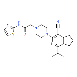 ChemSpider 2D Image | 2-[4-(4-Cyano-1-isopropyl-6,7-dihydro-5H-cyclopenta[c]pyridin-3-yl)-1-piperazinyl]-N-(1,3-thiazol-2-yl)acetamide | C21H26N6OS