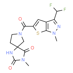 ChemSpider 2D Image | 7-{[3-(Difluoromethyl)-1-methyl-1H-thieno[2,3-c]pyrazol-5-yl]carbonyl}-3-methyl-1,3,7-triazaspiro[4.4]nonane-2,4-dione | C15H15F2N5O3S