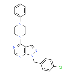 ChemSpider 2D Image | 1-(4-Chlorobenzyl)-4-(4-phenyl-1-piperazinyl)-1H-pyrazolo[3,4-d]pyrimidine | C22H21ClN6