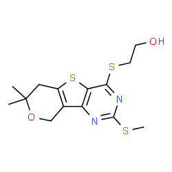ChemSpider 2D Image | 2-{[7,7-Dimethyl-2-(methylsulfanyl)-6,9-dihydro-7H-pyrano[3',4':4,5]thieno[3,2-d]pyrimidin-4-yl]sulfanyl}ethanol | C14H18N2O2S3