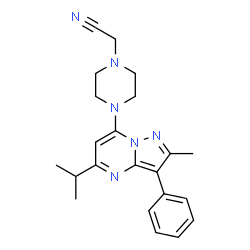 ChemSpider 2D Image | [4-(5-Isopropyl-2-methyl-3-phenylpyrazolo[1,5-a]pyrimidin-7-yl)-1-piperazinyl]acetonitrile | C22H26N6