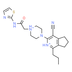ChemSpider 2D Image | 4-Cyano-3-{4-[2-oxo-2-(1,3-thiazol-2-ylamino)ethyl]piperazin-4-ium-1-yl}-1-propyl-6,7-dihydro-5H-cyclopenta[c]pyridinium | C21H28N6OS