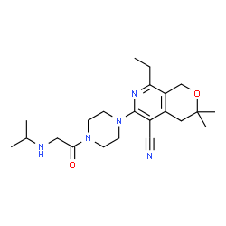ChemSpider 2D Image | 8-Ethyl-6-[4-(N-isopropylglycyl)-1-piperazinyl]-3,3-dimethyl-3,4-dihydro-1H-pyrano[3,4-c]pyridine-5-carbonitrile | C22H33N5O2