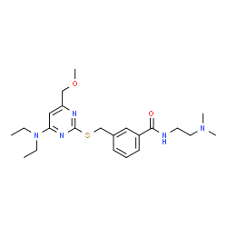 ChemSpider 2D Image | 3-({[4-(Diethylamino)-6-(methoxymethyl)-2-pyrimidinyl]sulfanyl}methyl)-N-[2-(dimethylamino)ethyl]benzamide | C22H33N5O2S